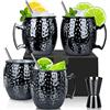 SuproBarware Moscow Mule - Set di 4 tazze con doppio jigger, in acciaio inox placcato nero, 18oz, perfetto per bevande fredde 4 pezzi, colore nero.