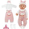Aolso Vestiti per Bambole per New Born Baby Doll, Abiti per Bambolotti 35-45CM, Pagliaccetti Stampa con Cappello, con 1 paio di Calzini e 1 Gruccia, Coniglietto Rosa (Bambola non Inclusa)
