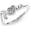 PANDORA Anello Moments a forma di cuore con pavé e scritta Mom in argento Sterling con zirconia cubica trasparente, 54