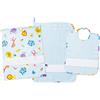 Filet - Set Asilo 3 Pezzi Fantasia Lettere e animali cielo con Tela Aida da Ricamare, Composto da Sacchetto, Asciugamano e Bavaglino in Spugna Colorata Cielo, 100% Cotone, Made in Italy