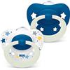 NUK Signature Night ciuccio | 6-18 mesi | Calma il 95% dei bambini | Succhietti a forma di cuore in silicone senza BPA | Glow-in-the-dark | Custodia compresa | Stelle blu | 2 pezzi