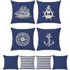 Bonhause Federe per Cuscini Nautico Marittimo 50 x 50 cm Copricuscini Decorativi Doppi Lati Ancora Bussola Poliestere Biancheria Blu Federa per Cuscino Divano Casa All'aperto Decorazione Set di 4