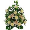 DRW Centro di fiori artificiali con rose realistiche bianco rotto e rosa per cimitero chiese matrimoni centro fiori per i santi con rose, lilium ed eucalipto 80x70x40 cm