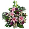 DRW Centro di fiori artificiali per cimitero rosa e malva viola chiese matrimoni centro fiori per i santi con lilium, rose, orchidee rosa, malva e viola (Centro 70x85x30 cm)