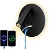 uksunvi LED Lampada da Lettura Lampada Da Parete USB Tipo-C Due Interruttore di Bocca di Carica Regolabile 12W LED Spotlight 3000K Lampada Da Parete In Lampada Da Letto Rotabile (Tondo nero)