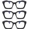 MMOWW Confezione da 3 Occhiali da Lettura Rettangolari - Oversized Square Frame Anti Luce Blu Occhiali donna uomo (Nera, +3.5)