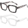 MMOWW 2 Pacco Occhiali da Lettura Donna Rettangolari - Oversize Square Frame Anti Luce Blu Occhiali（Leopardo Bianco + Trasparente, +3.5
