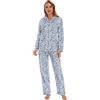 GLOBAL Pigiama Donna 100% Cotone Pigiami Due Pezzi da Donna Camicia da Notte Maniche Lunghe e Pantaloni Sleepwear con Bottoni per Tutte Le Stagioni Strisce Blu Scuro XXL