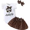 KONFEN Completo Neonata 3 Pezzi, Neonato Vestiti Estivo Maniche Corte Pagliaccetto + Stampa Leopardo Maglia Gonna + Fascia per Bambina 3 Pz Set per 18-24 Mesi