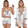 Laura in - Pigiama da Donna in Raso setoso Tinta Unita Lingerie Pigiami con Pizzo Set da 5 Pezzi Robe Accappatoio, Camicie da Notte, Top, Pantaloni, pantaloncini-1102VerdeS