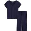 Joyaria Pigiama estivo da donna, set con maglietta a maniche corte e pantaloni a 3/4, biancheria da notte (blu marino a pois, XL)