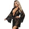 ohyeahlady Kimono Donna in Pizzo Babydoll Pigiama Corto con Cintura con Perizoma Scolla V Camicia da Notte Taglie Forti Floreale(Nero,M)