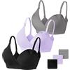 Vinfact Set da 3 Reggiseni Allattamento Senza Cuciture Reggiseno Premaman Cotone Morbido con Imbottito Reggiseno Gravidanza Senza Ferretto, Design con Scollo, TG S, Nero, Grigio, Viola
