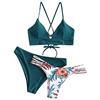 ZAFUL - Bikini da donna con reggiseno regolabile dotato di push-up e slip a triangolo con motivo floreale, Blu-3., S