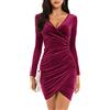 Yutdeng Abito da Donna Vestito a Maniche Lunghe Scollo a V Vestito da Sera Autunno e Inverno Elegante Abito da Festa in Velluto Increspato Vintage Abito da Cocktail Dress Rosa Rosso S