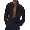 Halfword Camicia Lino Uomo Casual Maniche Lunghe Estate Cotone Collo Hawaiian in Tinta Unita Camicia Vacanze Beach Nero XXXL