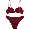 ZAFUL Set Bikini da Donna a V, Costume da Bagno in 2 Pezzi Tessuto a Costine Nodo Posteriore Singolo Colore (Rosso-Modello 2, S (EU.36))