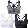 SEGRILA Reggiseni Sportivi da Donna, Confezione da 3 Reggiseni da Yoga Incrociati con Supporto Medio, Reggiseni da Allenamento con Cuscinetti Rimovibili, Nero, Bianco e Grigio., L