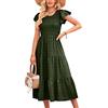 QUNERY Vestiti Estivi Donna Lunghi Elegante Maniche Corto Vestito Rotondo A-Linea Abito Casual Midi per Vacanze Spiaggia Festa A-Verde Militare L