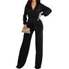 ORANDESIGNE Donna Tuta Lunga Tinta Unita Jumpsuit Elegante Maniche Lunghe Scollo a V Tute Larghe a Gamba Larga Tuta Lunga B Nero S