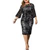 shownicer Donna Vestiti Elegante Manica Lunga Paillettes Vestito da Cerimonia Cocktail Abito da Sera Partito Abiti al Ginocchio A Argento 3XL