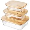 Igluu Meal Prep Contenitori Vetro per Alimenti (Set da 3) Coperchi in Bambù | Senza BPA - Adatti a Forno, Friggitrice ad Aria, Microonde, Freezer e Lavastoviglie - 370/640/1050ml - Borosilicato