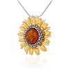 AMBEDORA Collana da donna in argento 925 argento ossidato dorato 14k ambra baltica rotonda in color cognac ciondolo girasole su una catena a serpente pronto per un regalo
