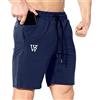 BROKIG Pantaloncini da uomo sportivi in cotone running bodybuilding palestra fitness elastico in vita con tasche con zip, Blu marino, L