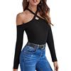 KOEMCY Blusa Donna Maniche Lunga Sexy Spalle Scoperte Camicette Tinta Unita Camicia Tunica Elegante Top Lavorato Maglia Camicia (Nero,S)