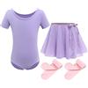 Odizli Abbigliamento da danza per bambini, in cotone, a maniche corte, da danza, in chiffon, con gonna avvolgente e collant in 3 pezzi, viola., 6-7 Anni
