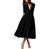 CARINACOCO Donna Vestiti Lunghi da Matrimonio Elegante Collo V Vestito A Pieghe Skater Abito Maxi Damigella Sera Cerimonia Inverno Nero XL