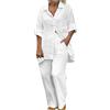 Onsoyours Completo da Donna Lino 2 Pezzi Elegante con Manica 3/4 Camicia + Pantaloni Lino Set Spiaggia Due Pezzi Casual Abiti Autunno Primavera per Donne A Bianco 4XL