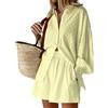 Onsoyours Completo da Donna in Cotone Tinta Unita Camicia con Bottoni a Manica Lunga + Pantaloncini con Coulisse Completi Estivi Casual 2 Pezzi per Le Vacanze B Giallo L