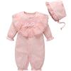 amropi Bambina Ragazze Cotone Pagliaccetto Manica Lunga Tutine Merletto Collare Jumpsuit + Ccappello Rosa,0-3 Mesi
