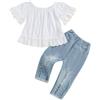 Loalirando Completino Neonata Estivo 2 Pezzi Pagliaccetto in Pizzo + Jeans Elegante Tutina Bimba Tuta Neonata Femmina 0-24 Mesi Casual Primavera Regalo (5-6 anni, Bianco B)