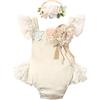 FYMNSI Neonato Neonato Ragazza Pizzo Pagliaccetto Ruffles Senza Maniche Body Tuta Tuta Tuta Da Principessa con Fascia Set, albicocca, 6-12 mesi
