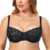 DELIMIRA Reggiseno Balcone Donna in Pizzo Push Up Sexy con Ferretto Sfoderato Nero 4D