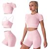 IMEKIS Vestito da Yoga per Donne Reggiseno Sportivo con Top Corto e Pantaloni Scatti Set di Allenamento da Palestra 3 Pezzi Senza Cuciture Tuta Estiva Casual da Corsa Abbigliamento Sportivo Rosa S