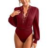 CUPSHE Body da donna con scollatura profonda in pizzo, scollo a V, maniche lunghe, con balze, top per feste, Blu, M