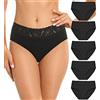 Wealurre Confezione da 5 mutande da donna, in cotone, con pizzo, biancheria intima per donne, slip da donna, Nero , XXL