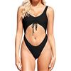SHEKINI Brasiliano Costume Intero Cut out Un Pezzo Donna Bikini Scollo a U Coulisse da Annodare Beachwear Slip Bikini High Cut Bodysuit (B-Nero, XL)