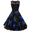 AXOE Donna Vestito Vintage Anni 50 60 con Pizzo Senza Maniche Midi Floreale Cotone Abito da Cerimonia, Cocktail, Estate Nero e Rossa F3B, Taglia 46, L