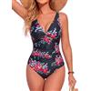 Smismivo Women Swimsuit V Neck Retro Push Up Belly Way Costume da Bagno per Le Donne Slim Vintage Ruched One Piece Costume da bagnoRosso Floreale