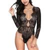 LOVE YOU SEXY Lingerie in pizzo femminile, Body a maniche lunghe, Deep V Bodysuit Lingerie, Mesh trasparente Teddy Lingerie nero grande