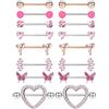 ADRAMATA 8 Paire Piercing Acciaio Chirurgico Capezzolo Set CZ Cuore Farfalla Anello con Catena Bar Lingua Gioielli Donna