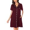 Vlazom Camicia da Notte Estiva Donna con Bottoni, Manica Corta Aperta Davanti, Pigiama Corto, Vestaglie Estive, L, A-Vino Rosso