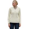 Aran Woollen Mills Maglione Irlandese da Donna Made in Ireland Pullover Lavorato a trecce in 100% Lana Merino con Scollo a V. (Naturale, S)