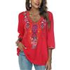 Seasonal Camicie bohémien ricamate messicane da donna estive boho camicie hippie contadino manica 3/4 scollo a V camicette tunica, Rosso-328, M