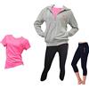 Lotto Tuta Donna Estiva, 2 PEZZI + T-SHIRT OMAGGIO, Giacca in felpa estiva, leggings modello CAPRI in cotone elasticizzato, T-SHIRT in cotone in OMAGGIO (FELPA GRIGIO + CAPRI NERO + T/S PINK, M)