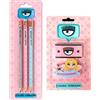 Scuola Set Chiara Ferragni con 3 matite e 2 gomme + penna multicolore profumata